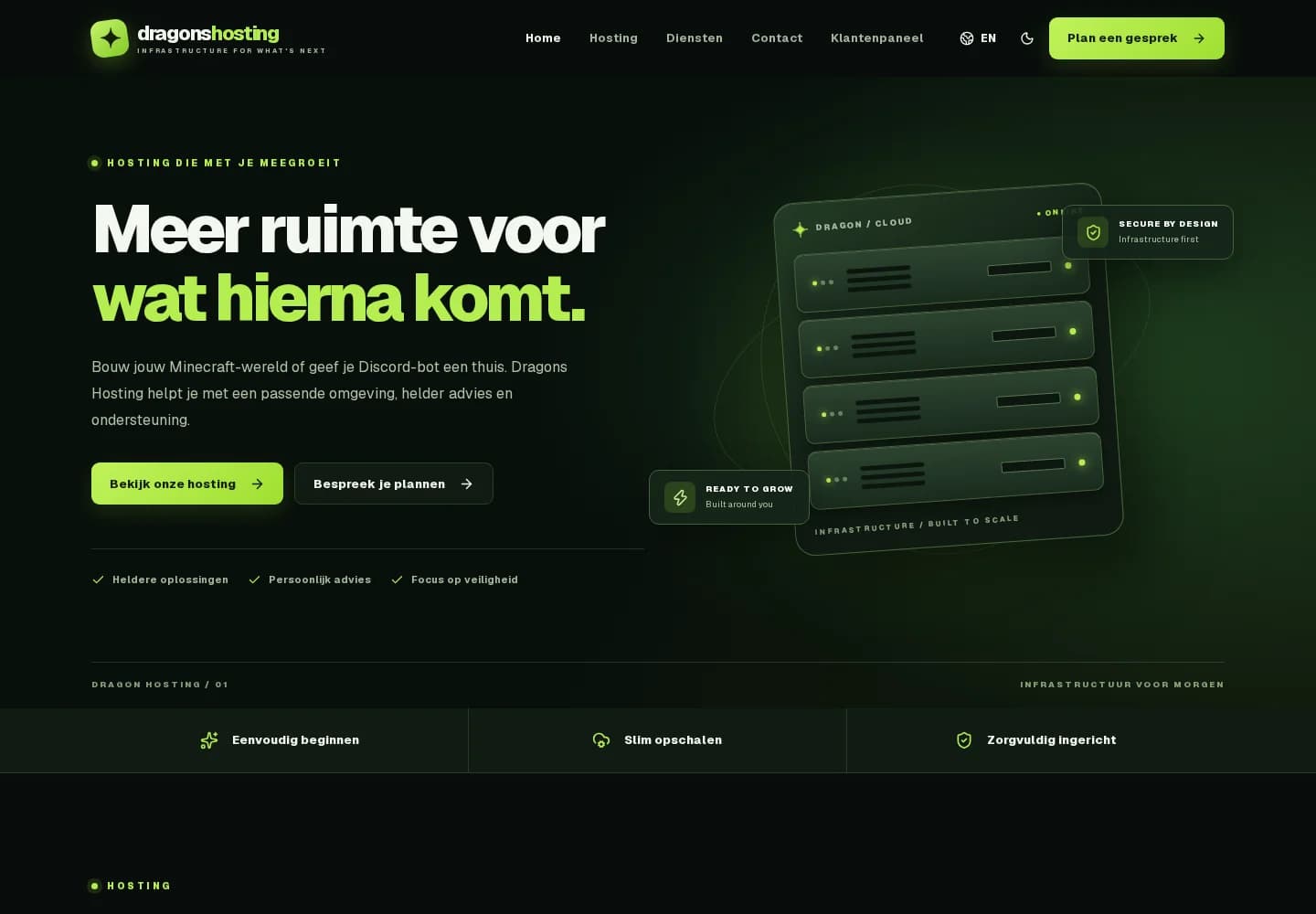 Screenshot van de Dragons Hosting-website met groene accenten en een serverillustratie
